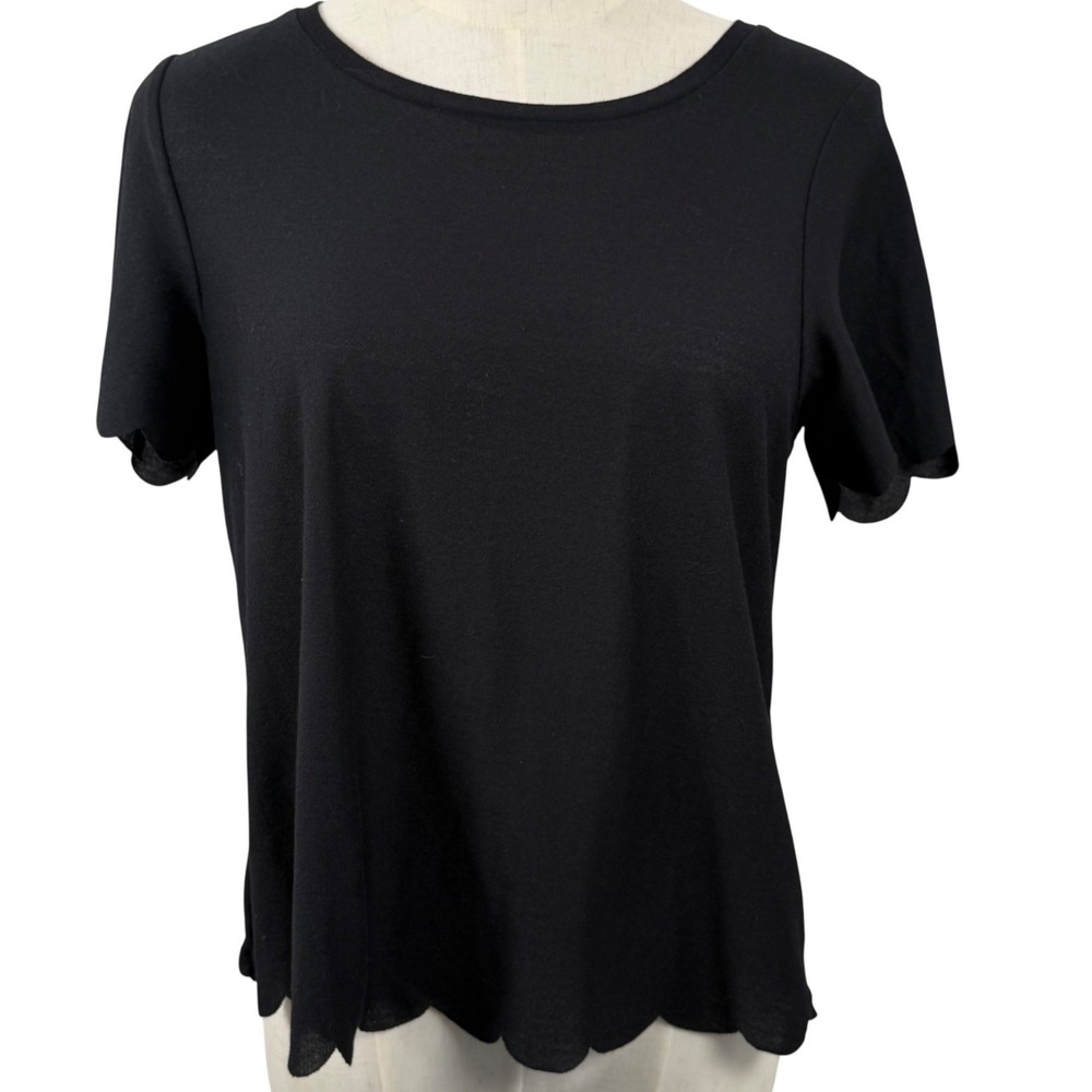 Topshop Womens US 4 Short Sleeve Top Black Scalloped Hem Laser Cut Coquette Chic